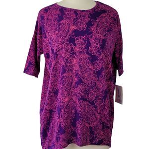LuLaRoe Irma Purple Pink Floral Shirt Tunic NEW Stretch Short Sleeves Womens XXS